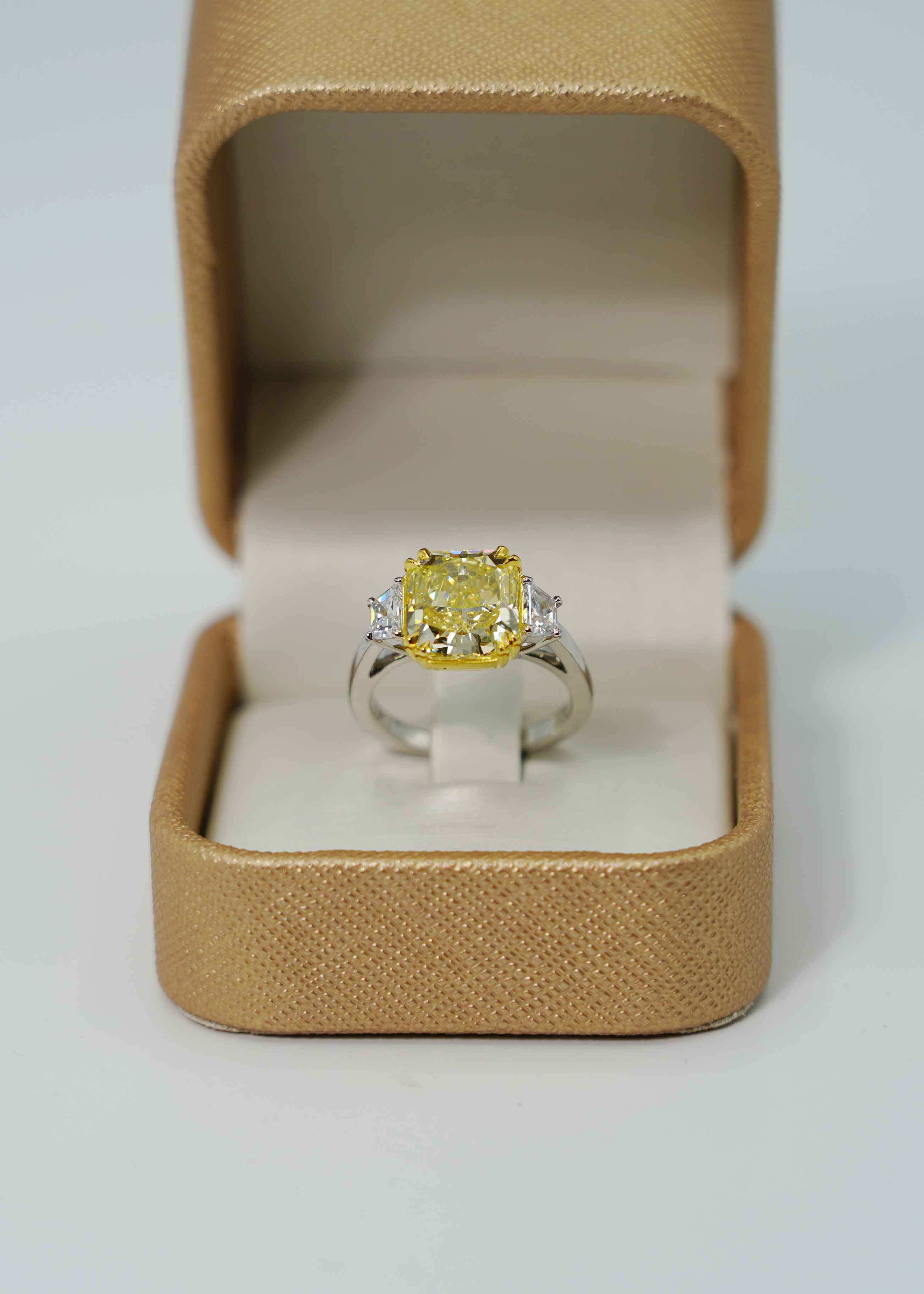 Engagement Ring Fancy Intense Yellow Radiant 4.59 Carats 3 Diamond Ring GIA VS1