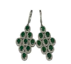 Emerald Gem Oval Cut Dangling Diamond Earrings White Gold 14kt
