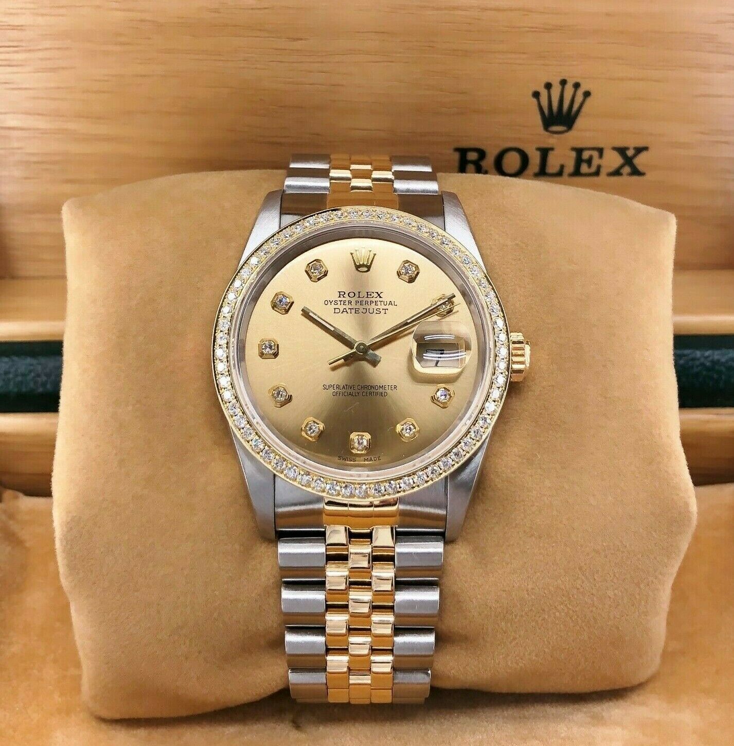 Rolex 36MM 18K Gold and Steel Datejust Diamond Dial & Bezel Jubilee Band Watch