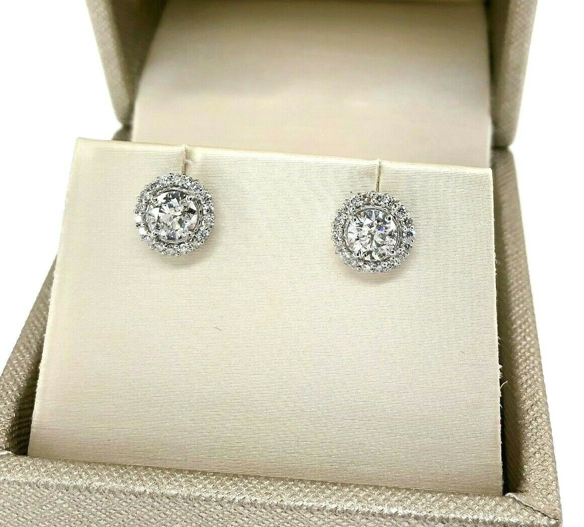 1.51 Carats t.w. Round Diamond Halo Stud Prong Set Earrings 14K White Gold
