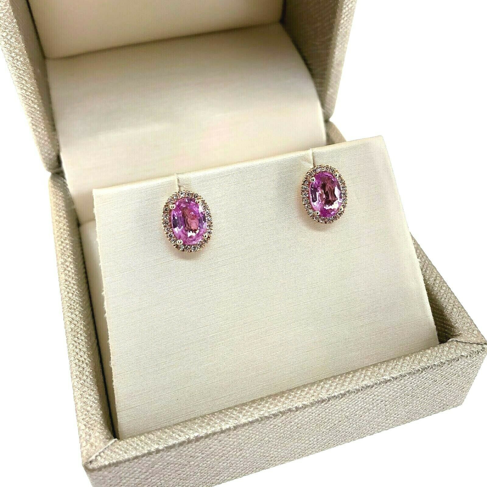 2.02 Carats t.w. Diamond and Pink Sapphire Oval Halo Earrings 14K Rose Gold