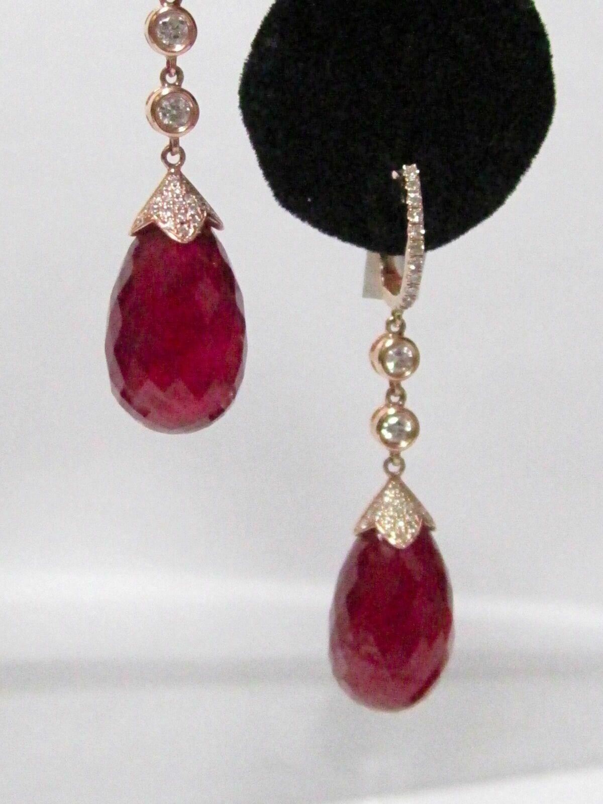 35.85 TCW Pear Shape Red Ruby & Diamond Drop/Dangle Earrings 14k Rose Gold