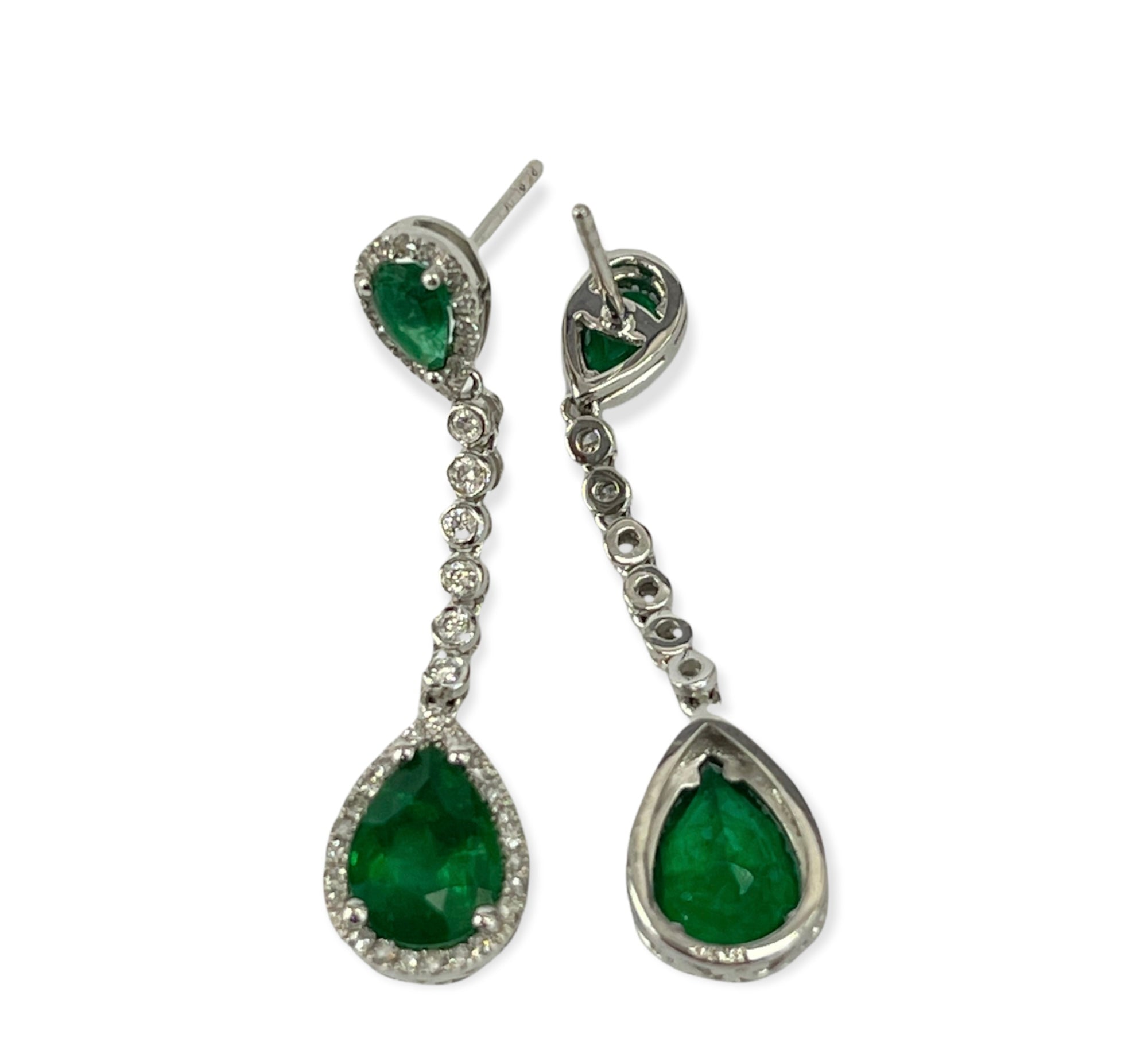 Emerald Gem Pear Diamond Drop Earrings White Gold 14kt