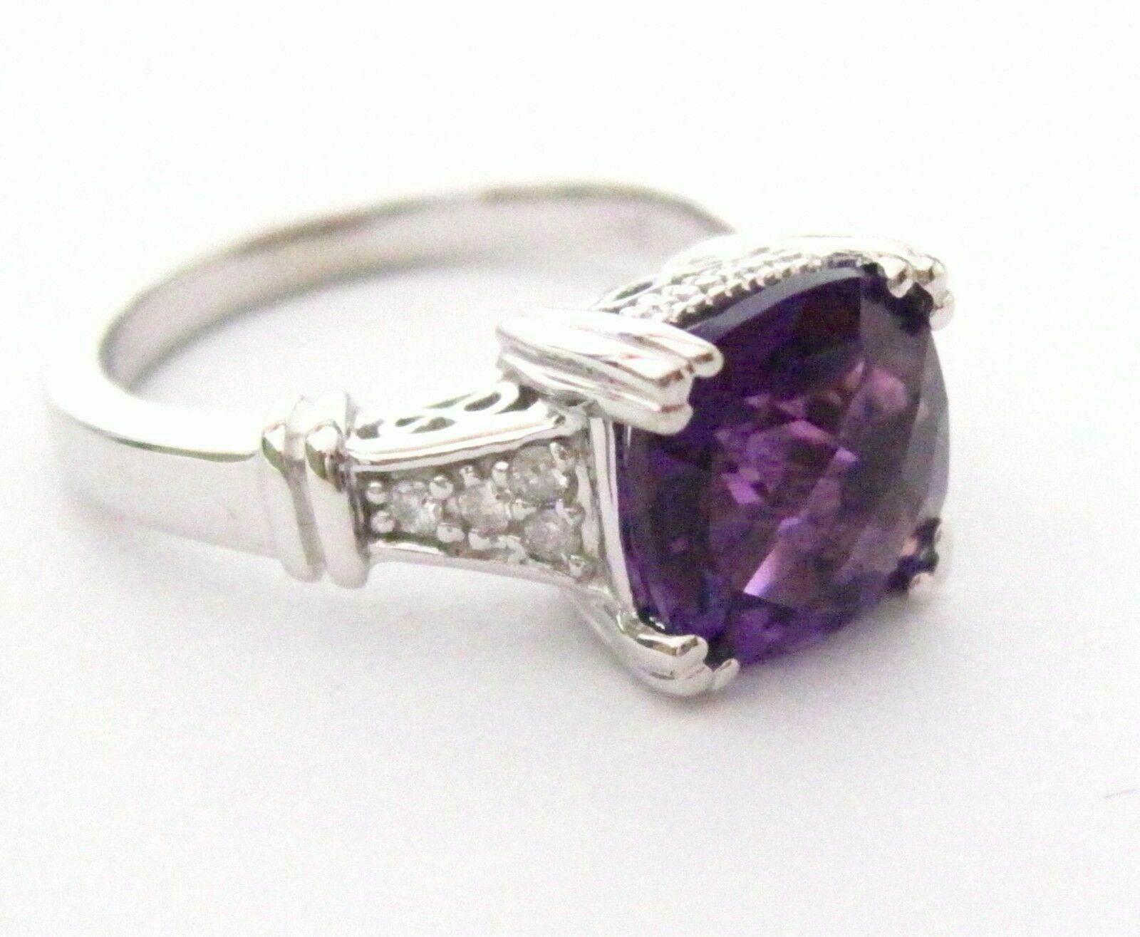 Fine Natural Cushion Amethyst & Diamond Solitaire Ring Size 6.5 14k W/G