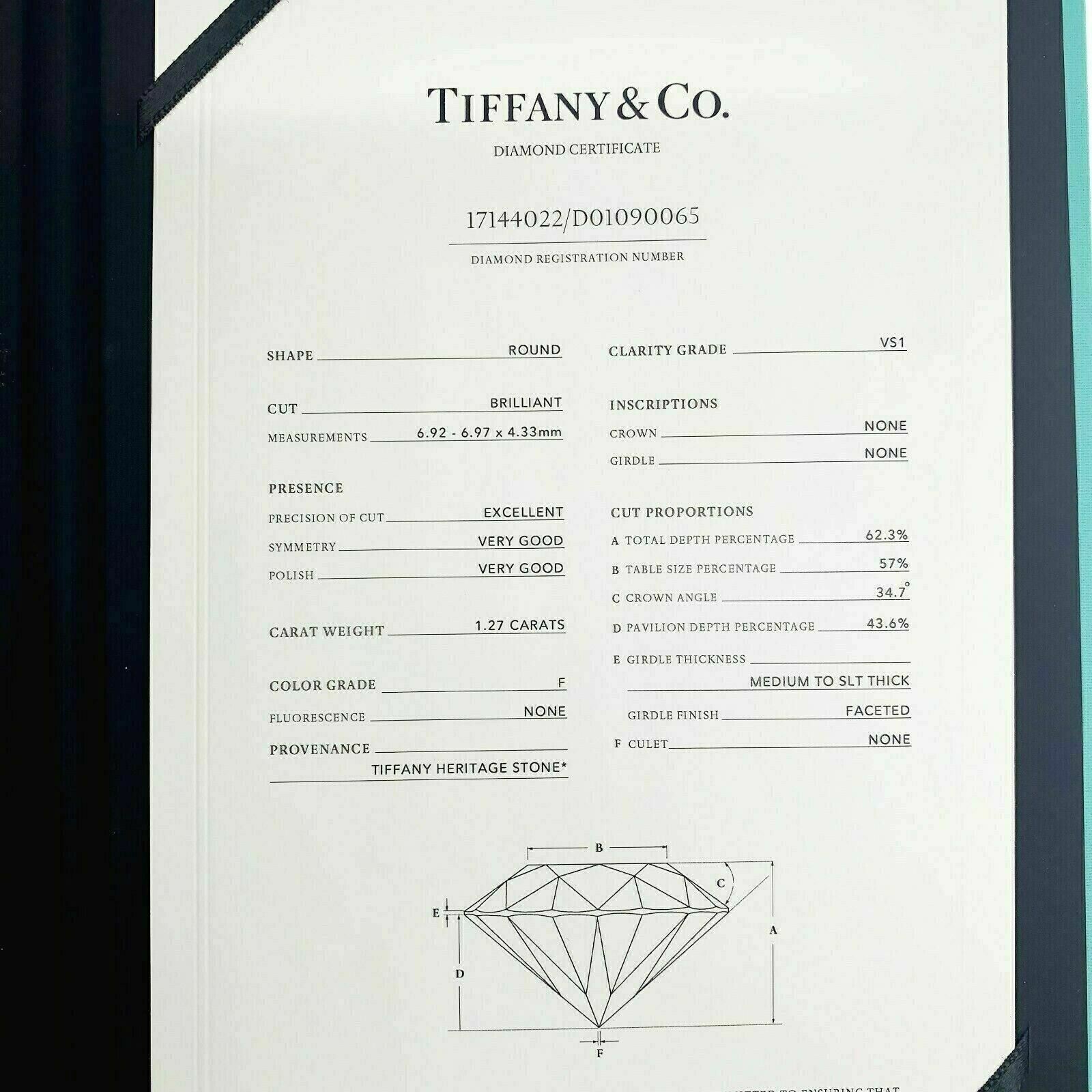 Tiffany & Co. 1.27 Carats F VS1 Round Diamond Platinum Solitaire Ring w Cert
