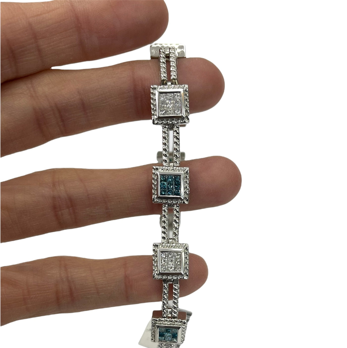 Blue and White Princess Cut Diamond Bracelet Box Chain White Gold