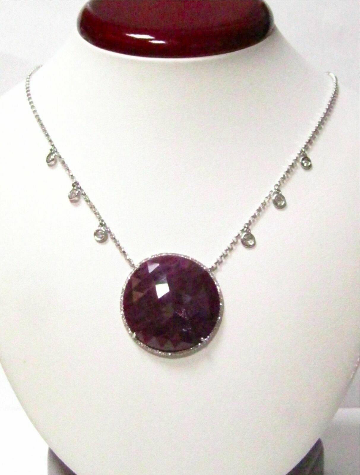 39.27 TCW Rose Cut Red Ruby & White Diamonds Pendant Necklace 14k White Gold 17"