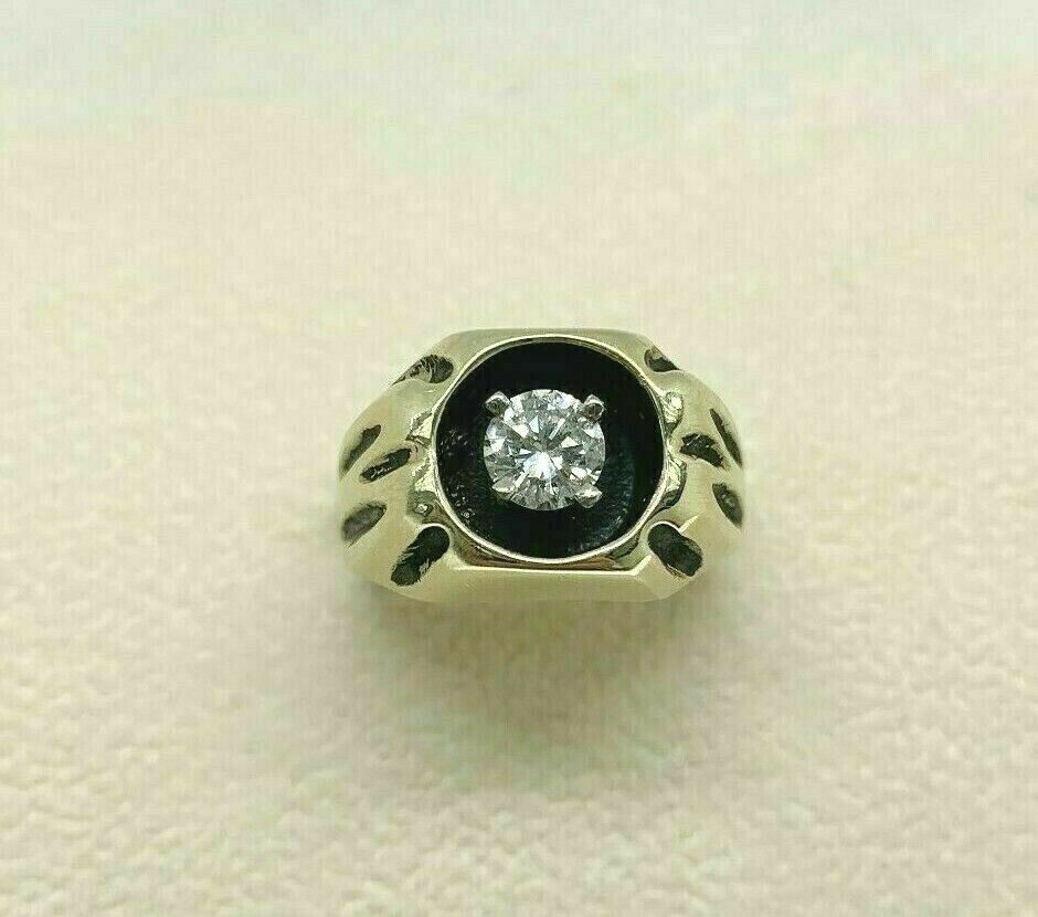 0.60 Carat Round Brilliant Diamond Mens Antiqued Signet Ring 14K Gold 14 Grams
