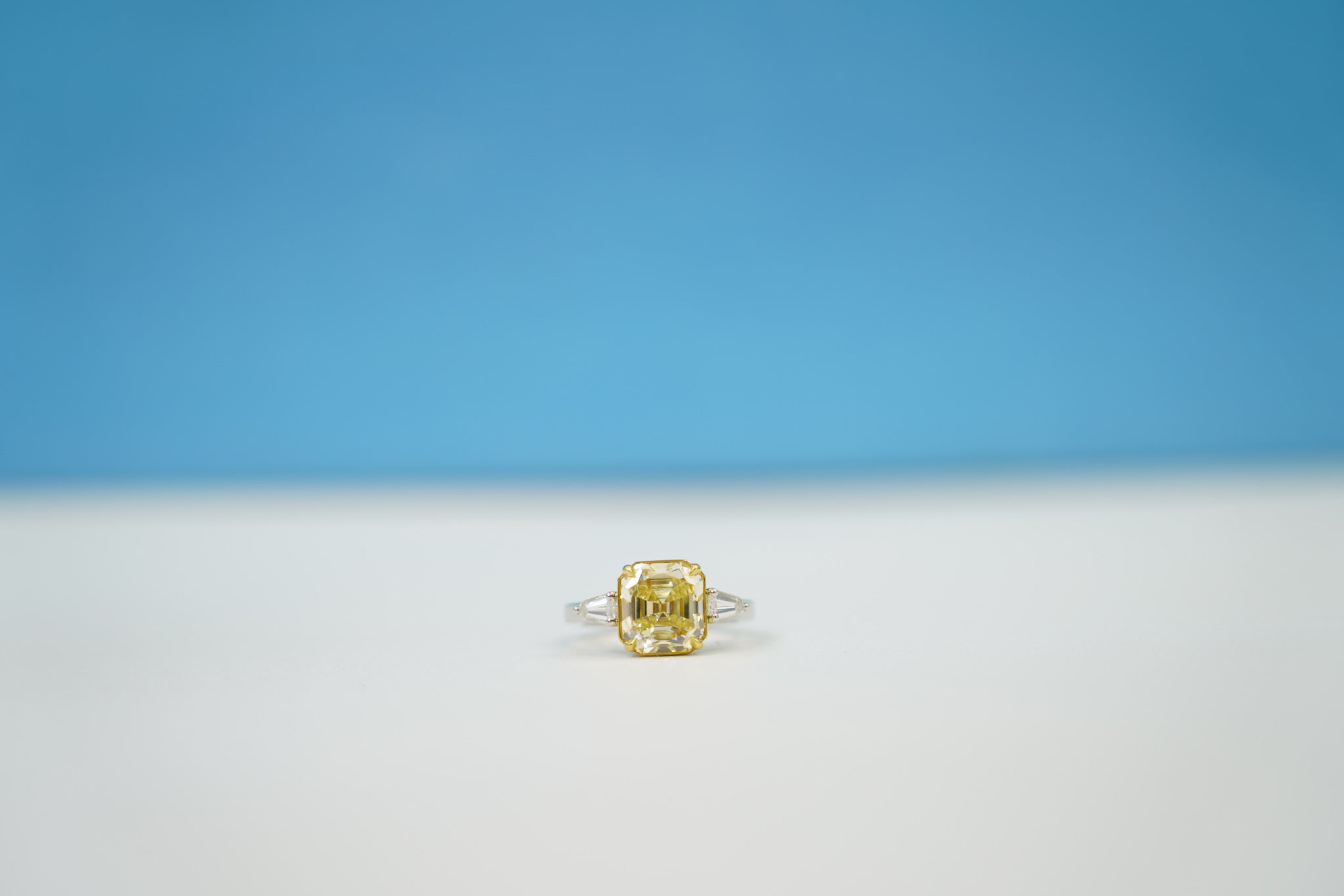 Custom Made 3.55 Carats Emerald Cut Fancy Yellow Diamond with .48 Carat Side Stones D/E VS Engagement Ring!