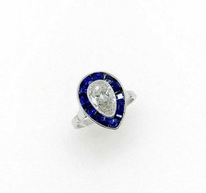 2.10 Carats Antique Pear and Blue Sapphire Engagement Ring 0.90 Carats Platinum