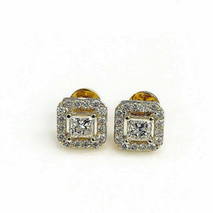 0.97 Carats t.w. Princess and Round Diamond Halo Earrings 14K Yellow Gold New