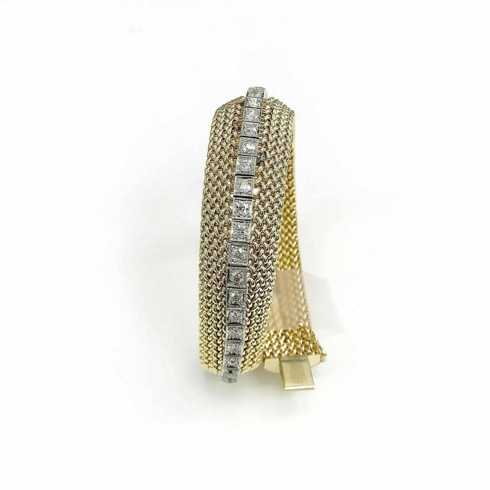 1970's Mesh 5.12 Carats Old Euro Diamond Bracelet Solid 14K 2 Tone Gold 60 Grams