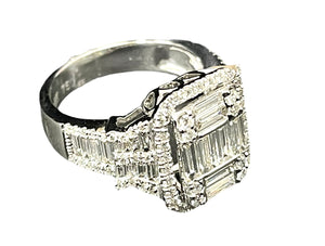 Cluster Baguettes Diamond Ring with Round Diamond Accents White Gold