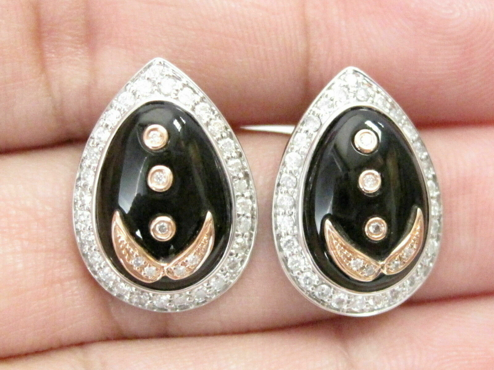 8.70 TCW Natural Pear Shape Black Onyx & White Diamonds Earrings 18k White Gold
