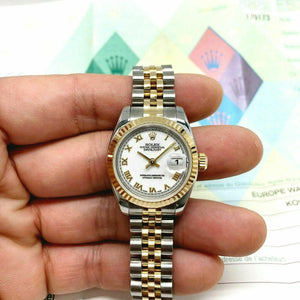 Rolex 26MM Lady Datejust 18 Karat Yellow Gold Steel Watch Ref # 179173 Papers