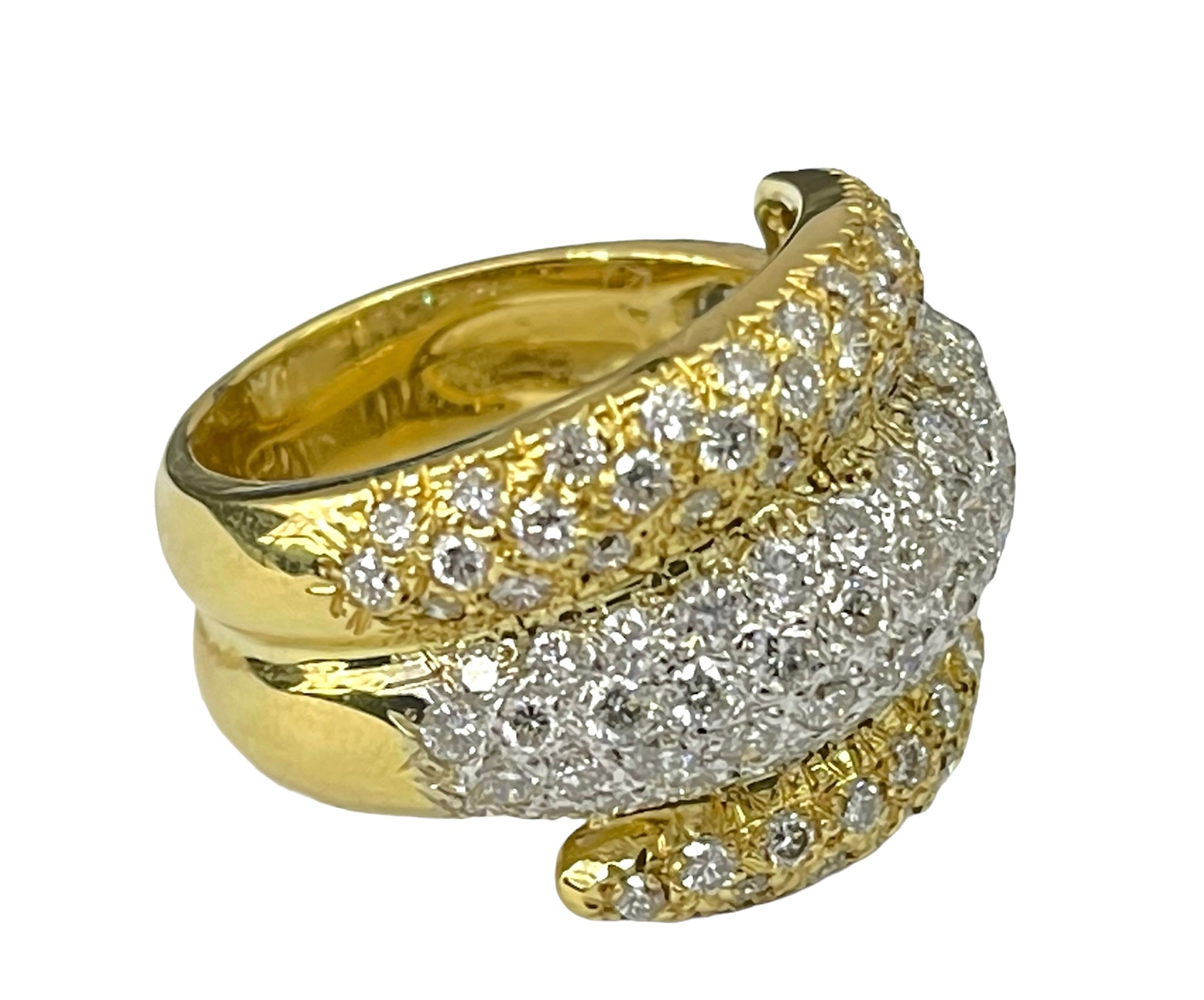 Pave Round Brilliants Three Row Dome Diamond Ring 4.15 Carats Yellow Gold