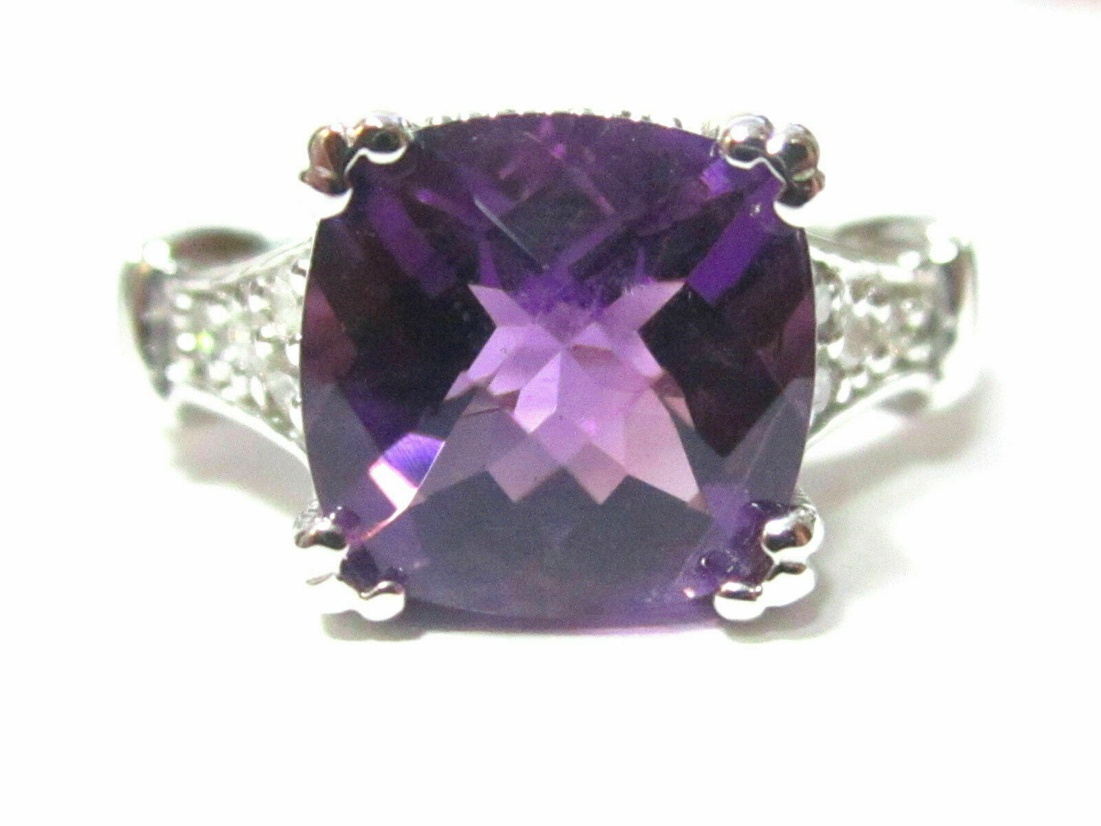 Fine 2.46TCW Natural Cushion Amethyst & Diamond Solitaire Ring Size 6.5 14k W/G