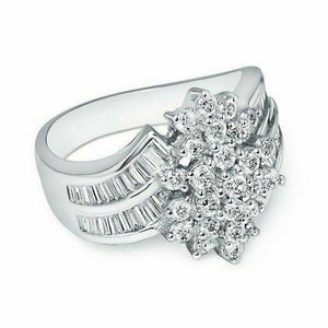 1.43 TCW Round Diamond Flower Setting with Baguette Accents 18k White Gold Ring