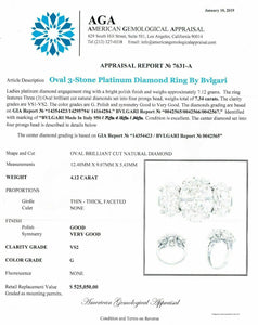 Original Bvlgari 7.37 Carats 3 Oval Diamond Platinum Engagement Ring