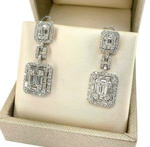 4.21 Carats Invisible Baguette and Round Diamond Halo Earrings 18K White Gold