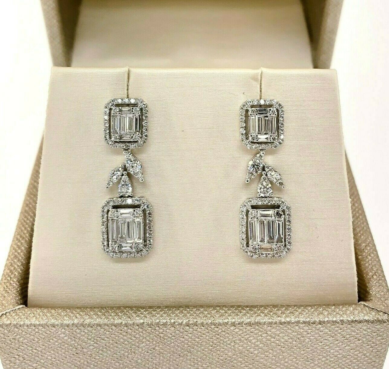 1.64 Carats Round and Baguette Diamond Halo Dangle Earrings 1.00 Inch Drop 18K