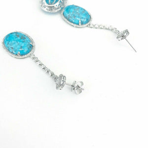 14K white Gold Turquoise Set w/ halo Diamond Dangle Drop Earrings and Ring