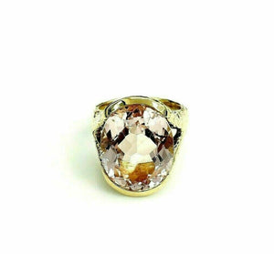 12.99 Carats Oval Morganite Split Hammered Finish Ring 18K Yellow Gold