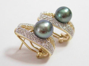 Fine Silver Green Pearl Diamond Huggie Earrings 14kt Yellow Gold