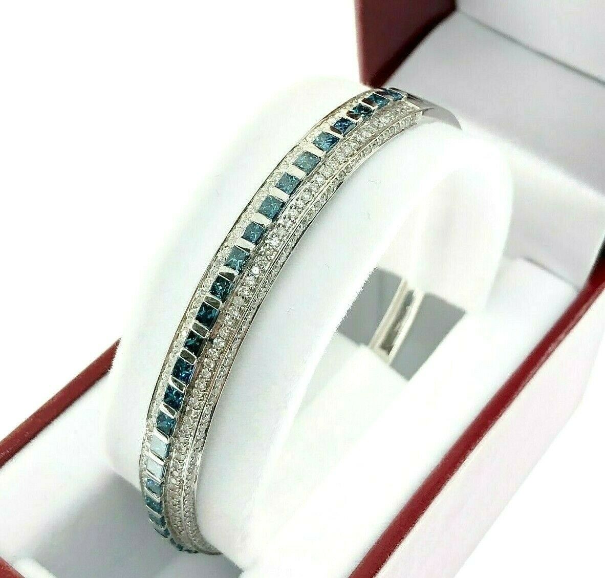 4.70 Carats t.w. Blue and White Diamond Bangle Bracelet 14K Gold 16 Grams