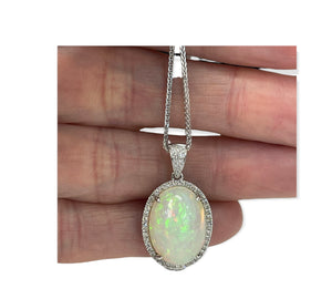 Opal Gem Oval Diamond Pendant Necklace White Gold 14kt