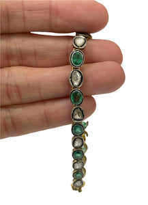 Emerald Gem with Old Cut Diamonds Tennis Bracelet Silver and Gold