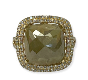 Natural Fancy Green Cushion Rustic Diamond Ring Double Halo Yellow Gold 14kt