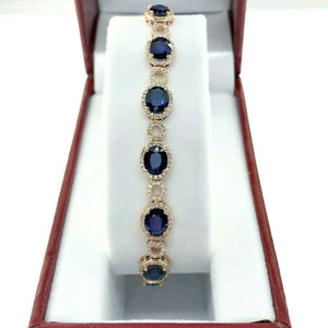10.87 Carats Blue Sapphire and Diamond Halo Tennis Bracelet 14K Rose Gold