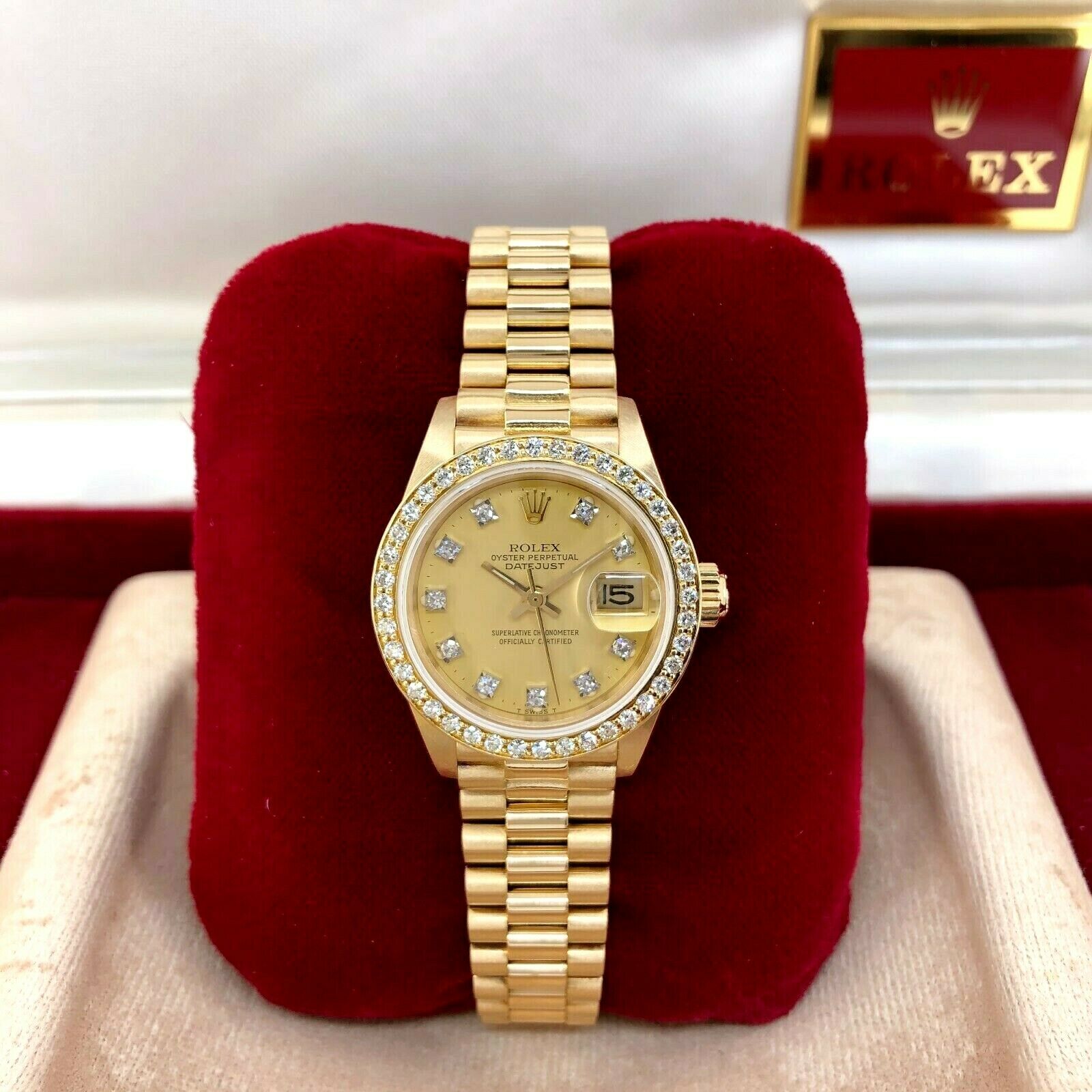 Rolex 26mm Lady President Diamond Dial and Diamond Bezel Watch 18k Yellow Gold