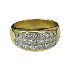 Princess Cut Three Rows Diamond Ring Yellow Gold 18kt