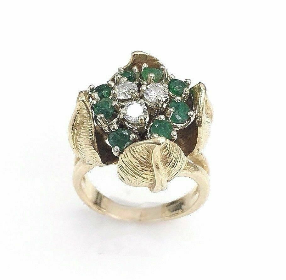Solid14K Gold and 0.78 Carat t.w. Diamond and Emerald Tulip Ring Vintage 1970's