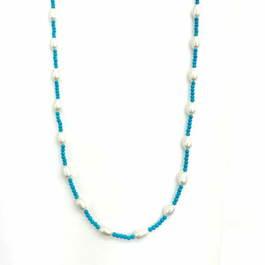 Cultured Freshwater Pearl and Natural Turquoise String Necklace 14k 32Inches