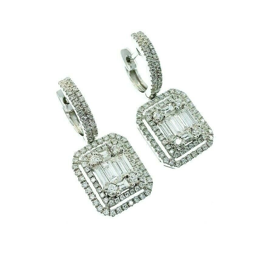 1.45 Carats Invisible Baguette and Round Diamond Halo Earrings 18K White Gold