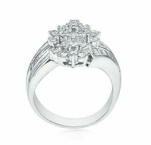 1.43 TCW Round Diamond Flower Setting with Baguette Accents 18k White Gold Ring