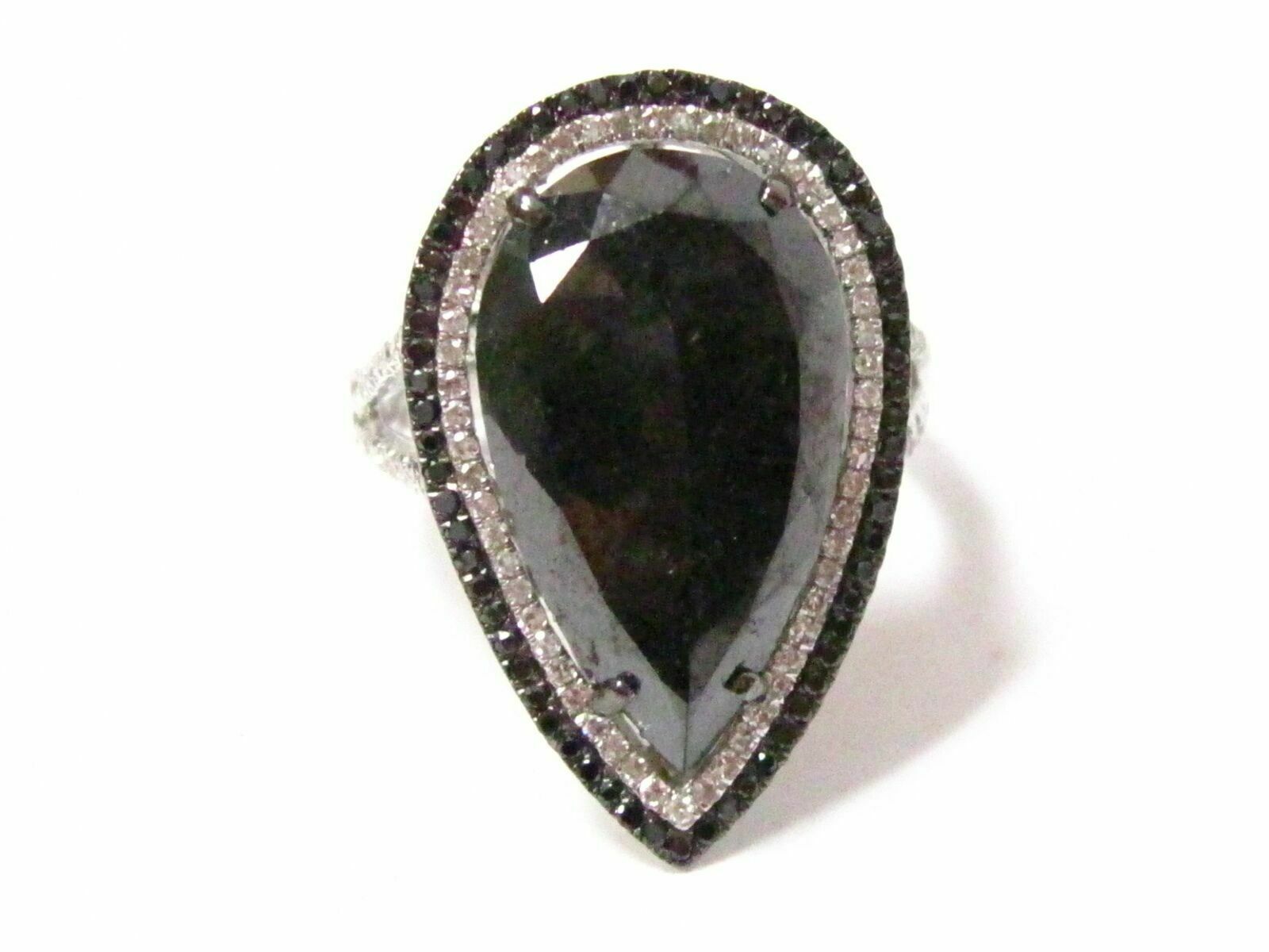 6.36 TCW Natural Pear Shape Black Diamond Cocktail Ring Size 7 14k White Gold
