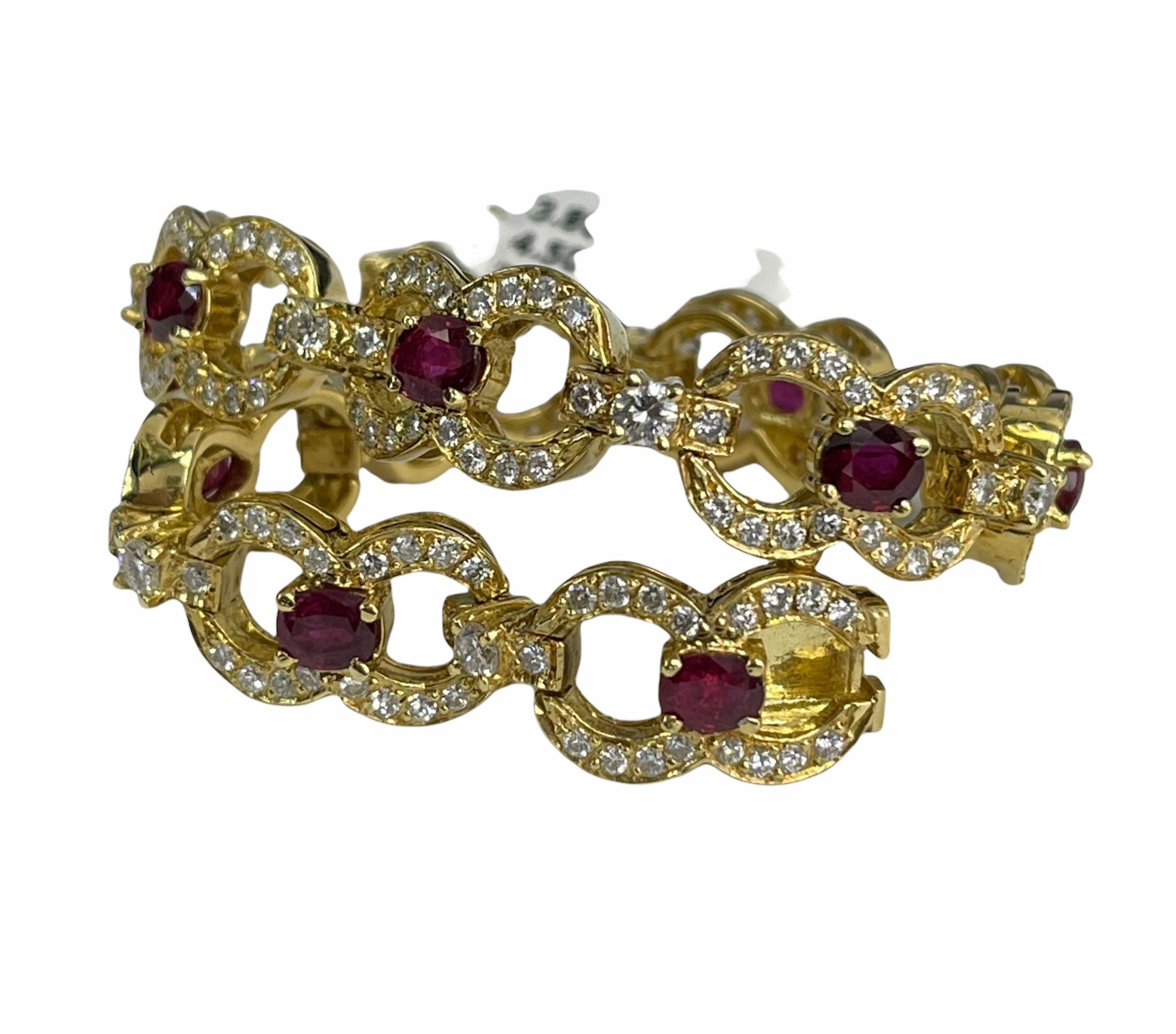Round Brilliant and Ruby Chain Link Diamond Bracelet Yellow Gold