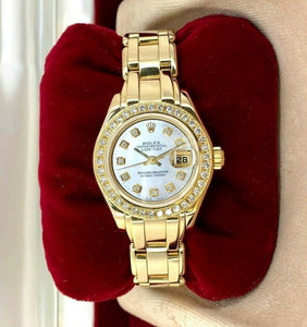 Rolex 29MM Pearlmaster 18k Yellow Gold Diamond MOP Dial and Bezel Ladies Watch