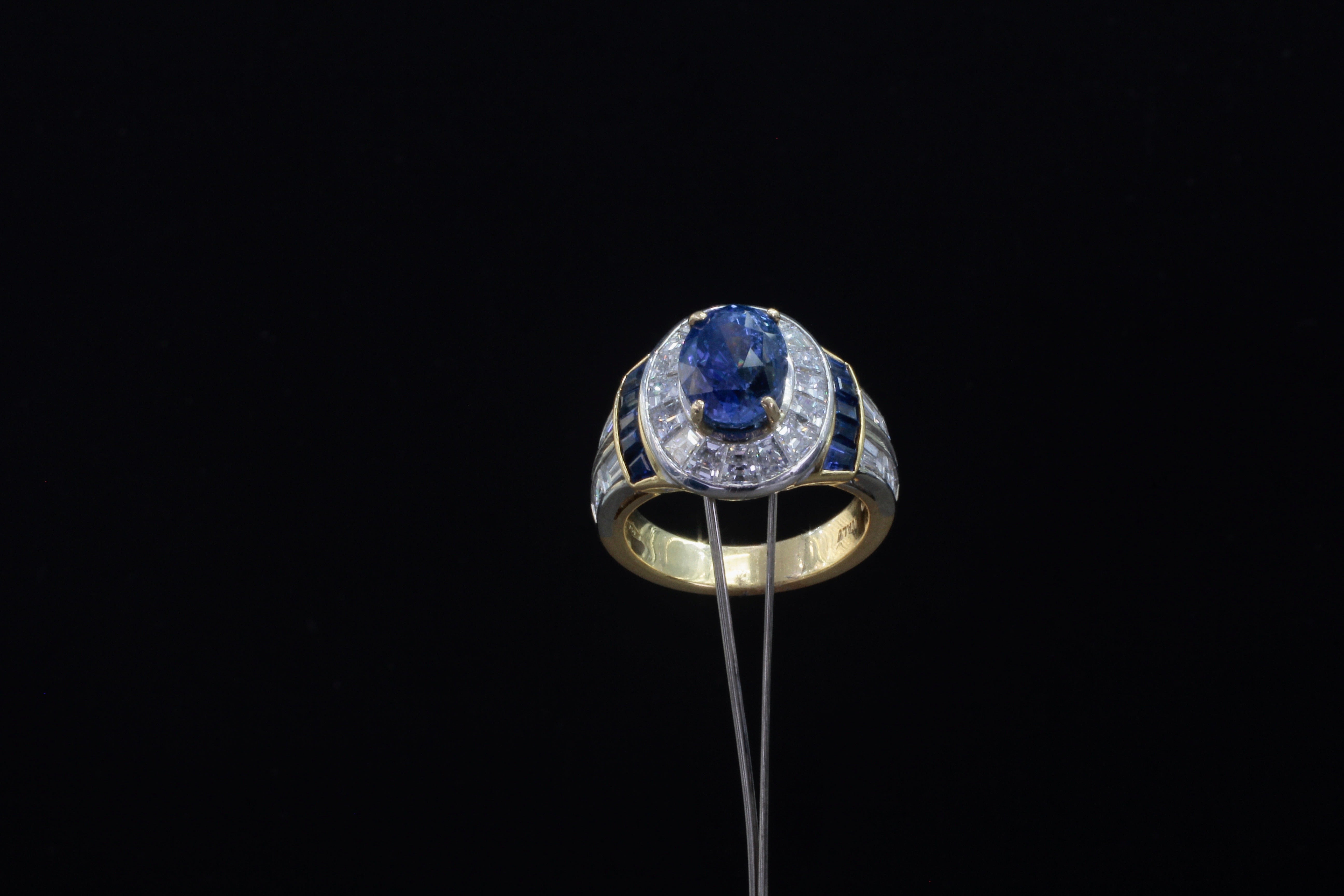 2.26 Carats Total Diamond Oval Blue Sapphire Custom Made Ring 18K Yellow Gold