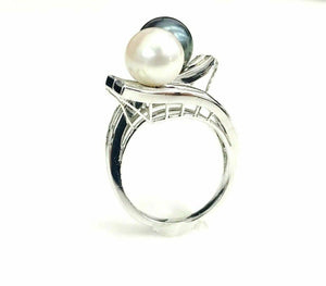 Green & White Round Pearl Ring with Crossed Baguette Diamonds in 18K White Gold