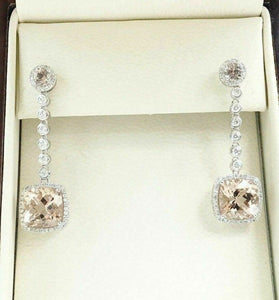 6.65 tcw Margonite Cushion Drop Earrings Halo Diamond Dangling in 14K White Gold