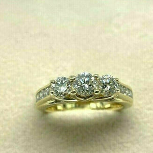 1.50 Carats 3 Stone Round Brilliant Cut Diamond Wedding Ring 14K Yellow Gold
