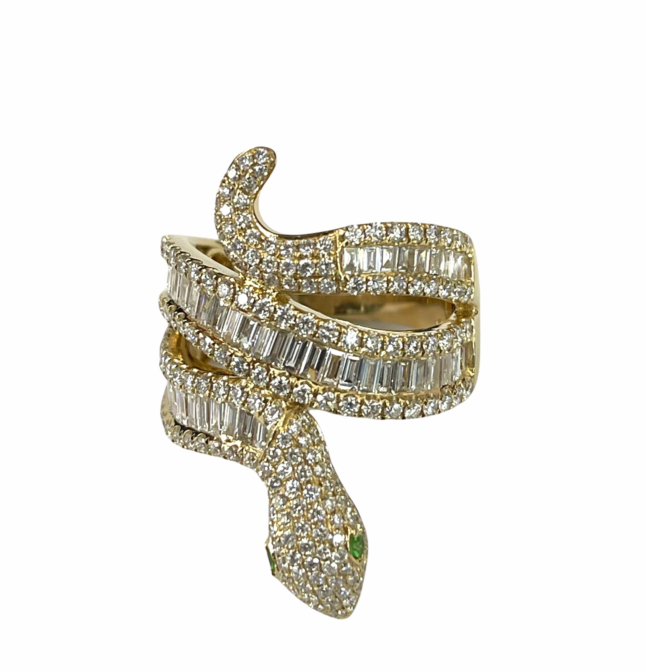 Baguettes and Round Brilliant Snake Diamond Ring Yellow Gold