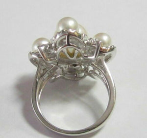 Fine Natural White Pearl & Diamond Cluster Cocktail Ring Size 7 18k White Gold