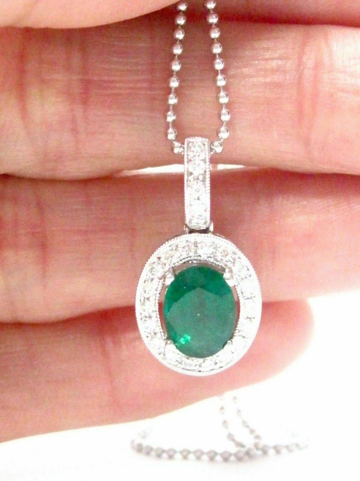 1.51 TCW Natural Oval Cut Green Emerald & Round White Diamonds Pendant Necklace