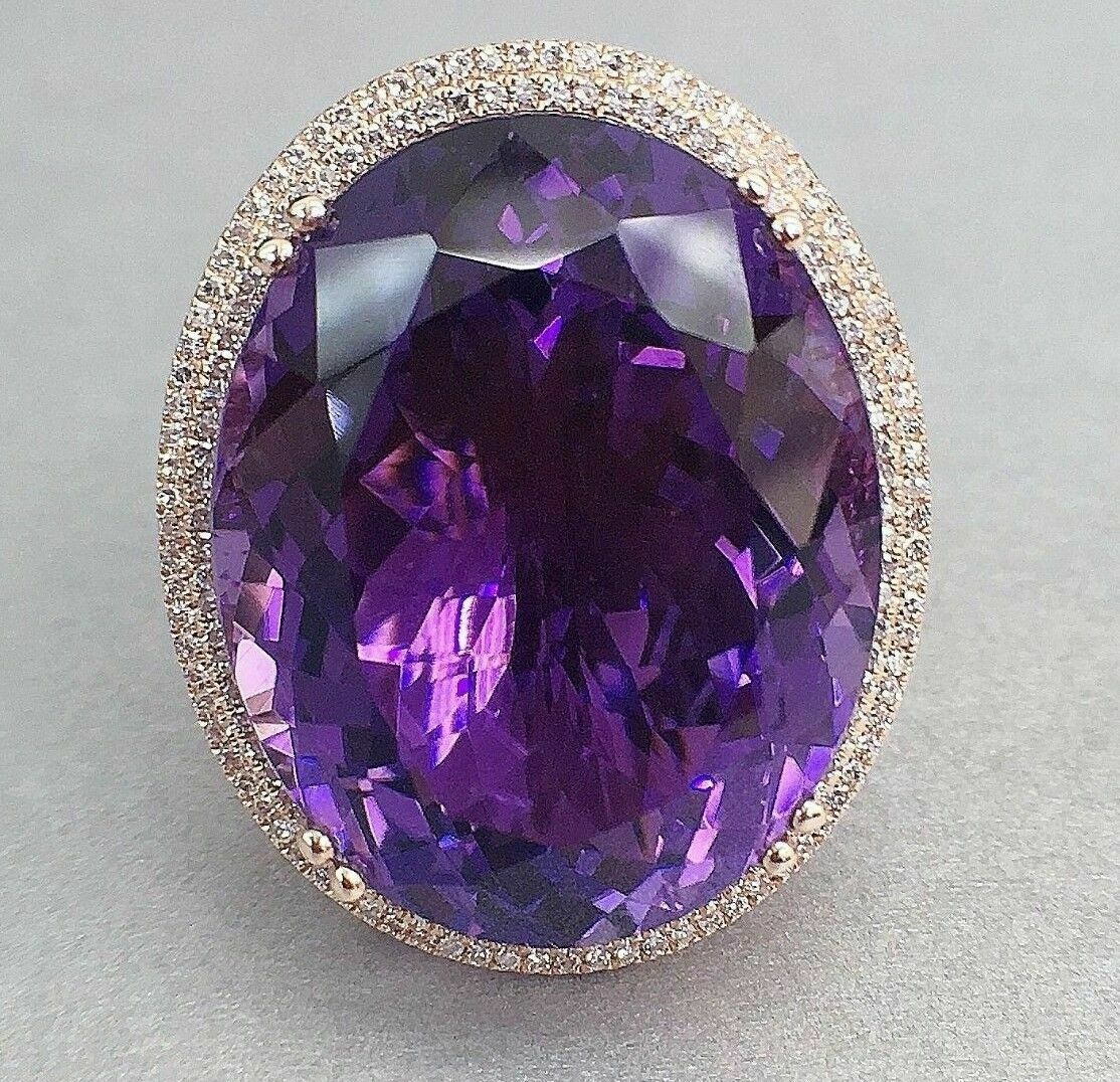 33.07 Carats t.w. Diamond and Amethyst Ring 14K Rose Gold Center is 32.02 Carats